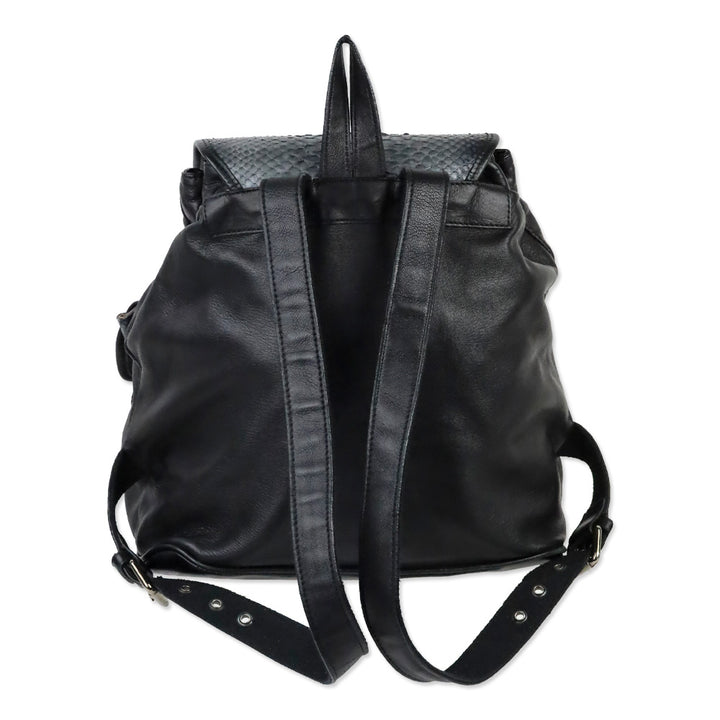 Tarryn Simone Black Smooth/Python Leather Drawstring Backpack