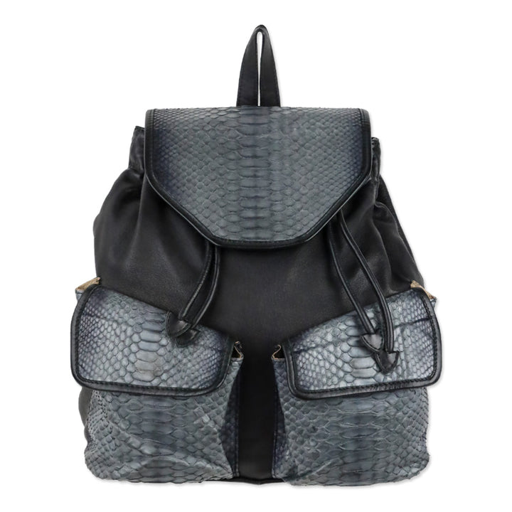Tarryn Simone Black Smooth/Python Leather Drawstring Backpack