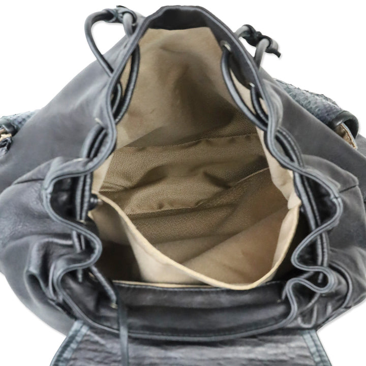 Tarryn Simone Black Smooth/Python Leather Drawstring Backpack