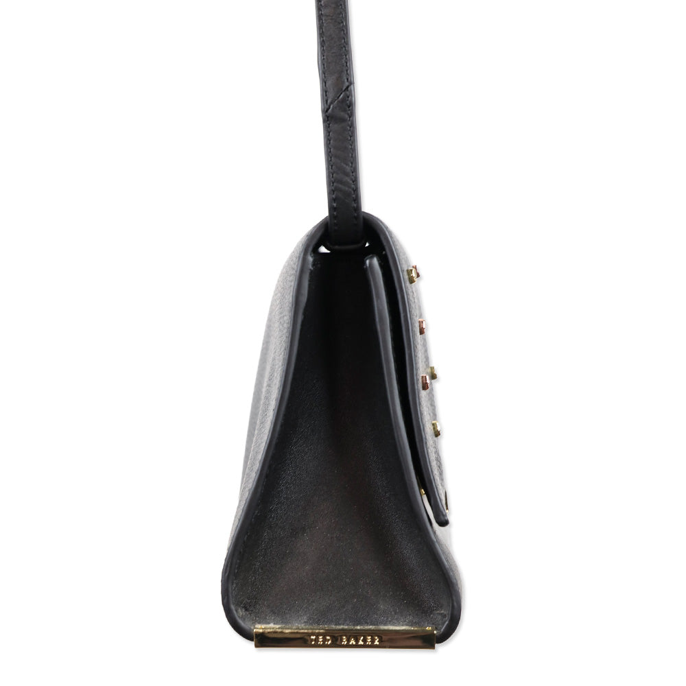Ted Baker Black Leather Flap Crossbody Bag with Micro Bow Accents