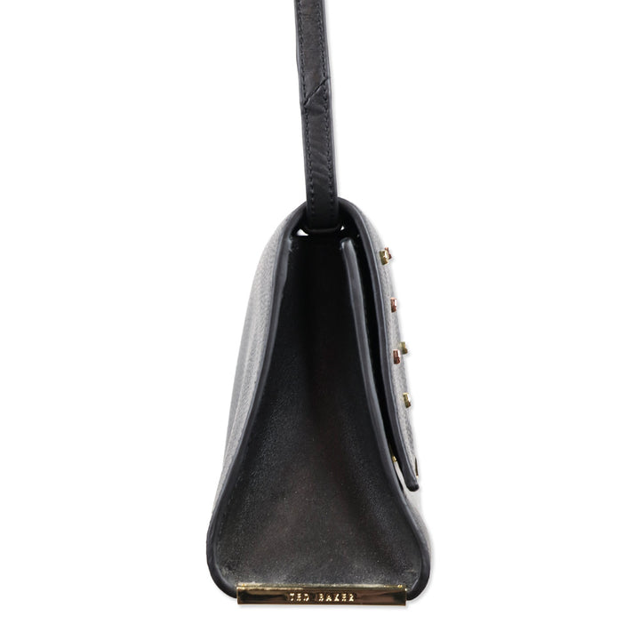 Ted Baker Black Leather Flap Crossbody Bag with Micro Bow Accents