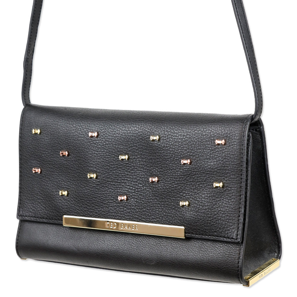 Ted Baker Black Leather Flap Crossbody Bag with Micro Bow Accents