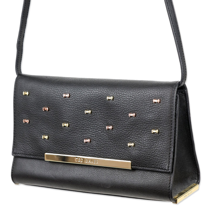 Ted Baker Black Leather Flap Crossbody Bag with Micro Bow Accents
