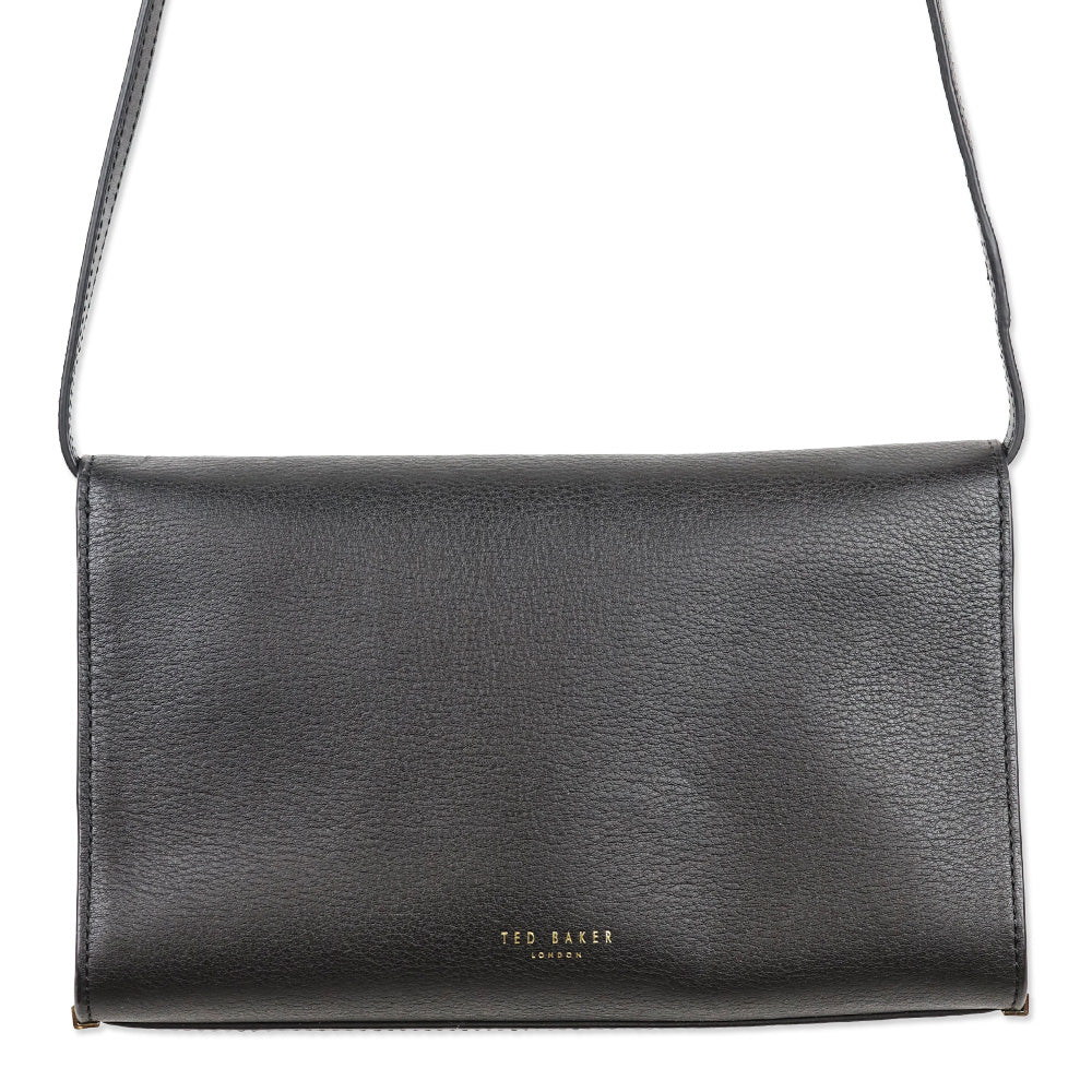Ted Baker Black Leather Flap Crossbody Bag with Micro Bow Accents