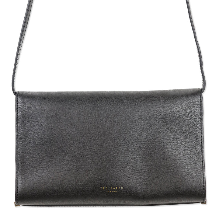 Ted Baker Black Leather Flap Crossbody Bag with Micro Bow Accents