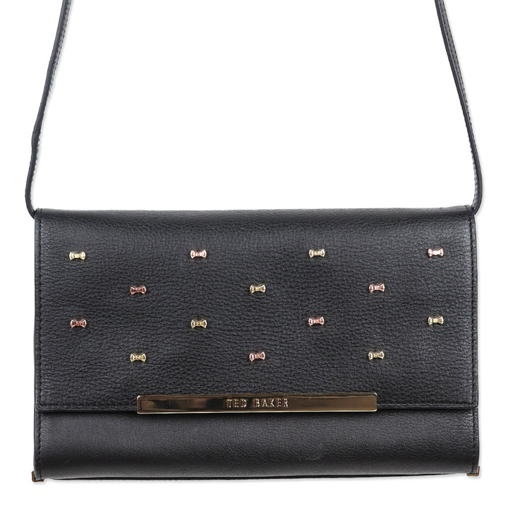 Ted Baker Black Leather Flap Crossbody Bag with Micro Bow Accents