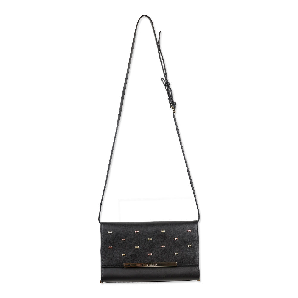Ted Baker Black Leather Flap Crossbody Bag with Micro Bow Accents