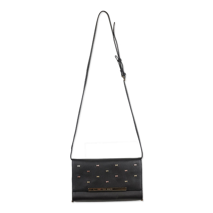 Ted Baker Black Leather Flap Crossbody Bag with Micro Bow Accents