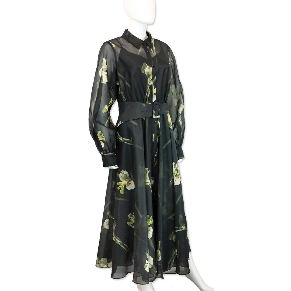 Ted Baker Liorral Black Floral Printed Organza Belted Maxi Shirt Dress