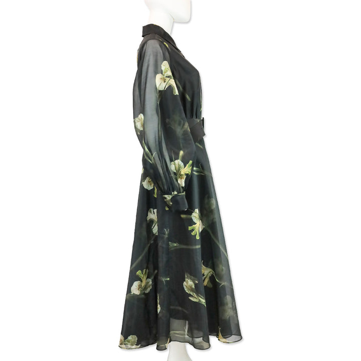 Ted Baker Liorral Black Floral Printed Organza Belted Maxi Shirt Dress