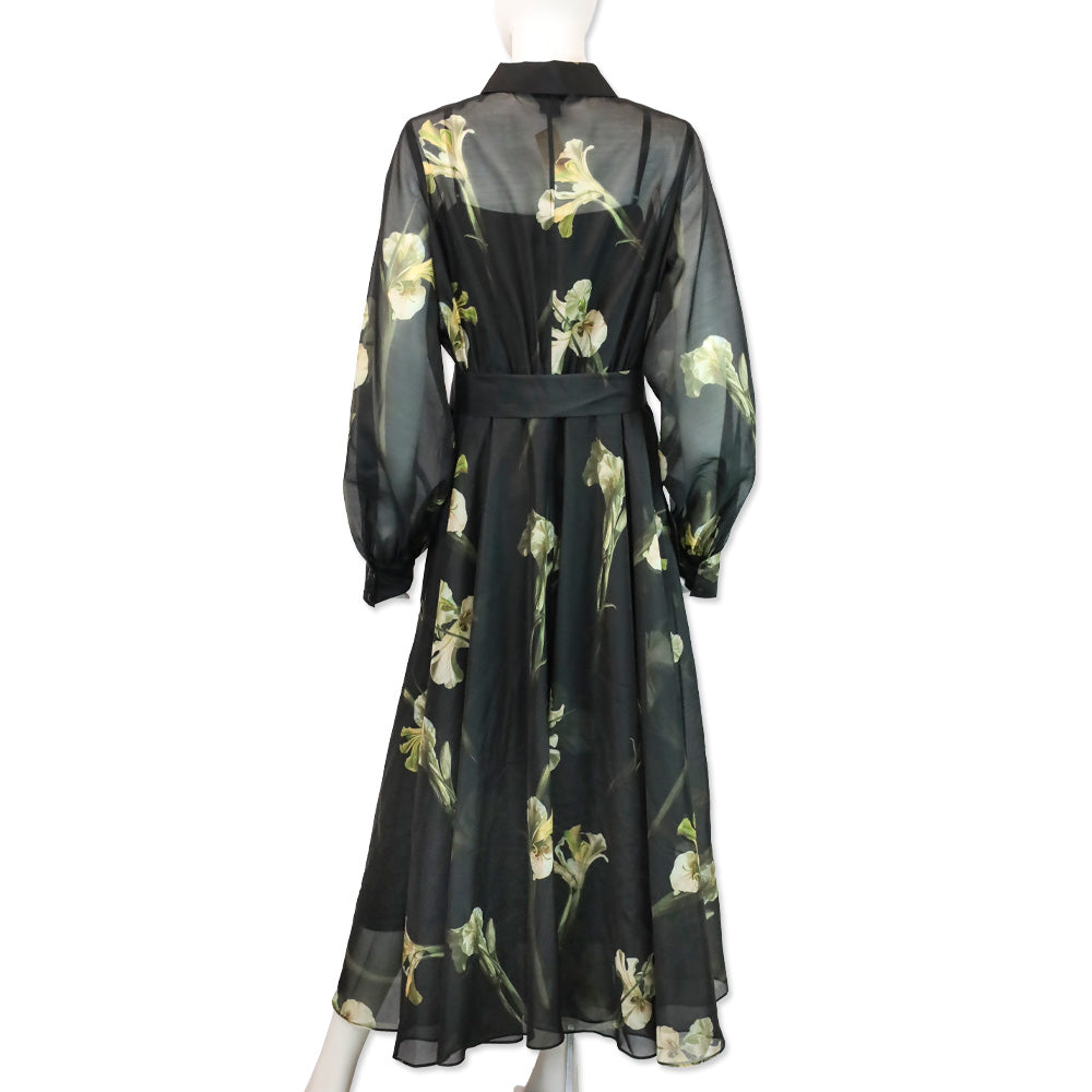 Ted Baker Liorral Black Floral Printed Organza Belted Maxi Shirt Dress