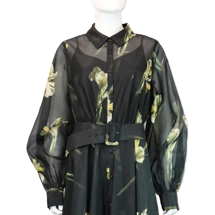 Ted Baker Liorral Black Floral Printed Organza Belted Maxi Shirt Dress