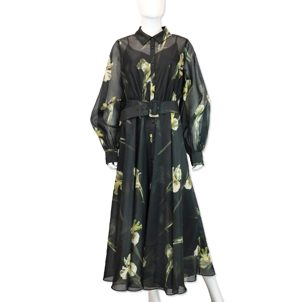 Ted Baker Liorral Black Floral Printed Organza Belted Maxi Shirt Dress