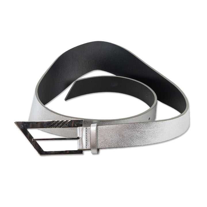 The Attico Metallic Silver Leather Logo Buckle Curve Belt