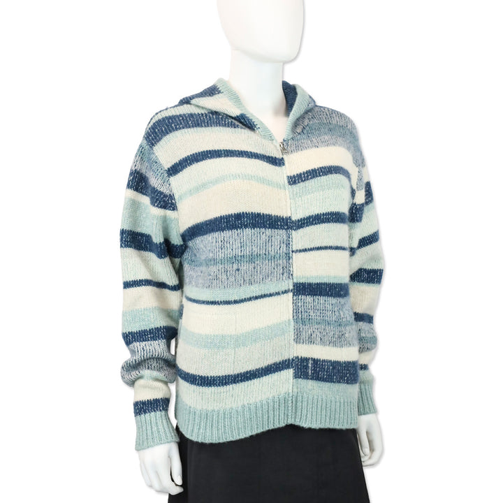 The Elder Statesman Blue Striped Cashmere Knit Hooded Zip-Up Sweater