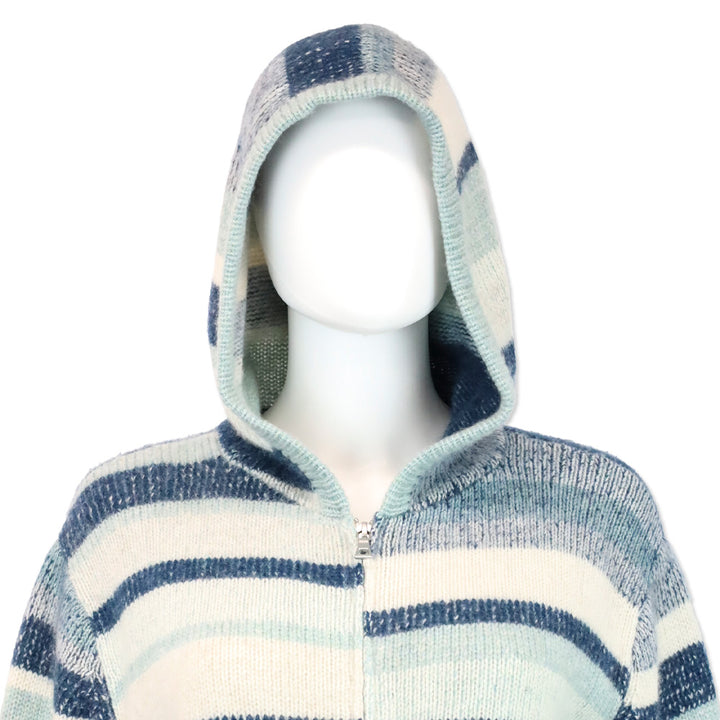 The Elder Statesman Blue Striped Cashmere Knit Hooded Zip-Up Sweater