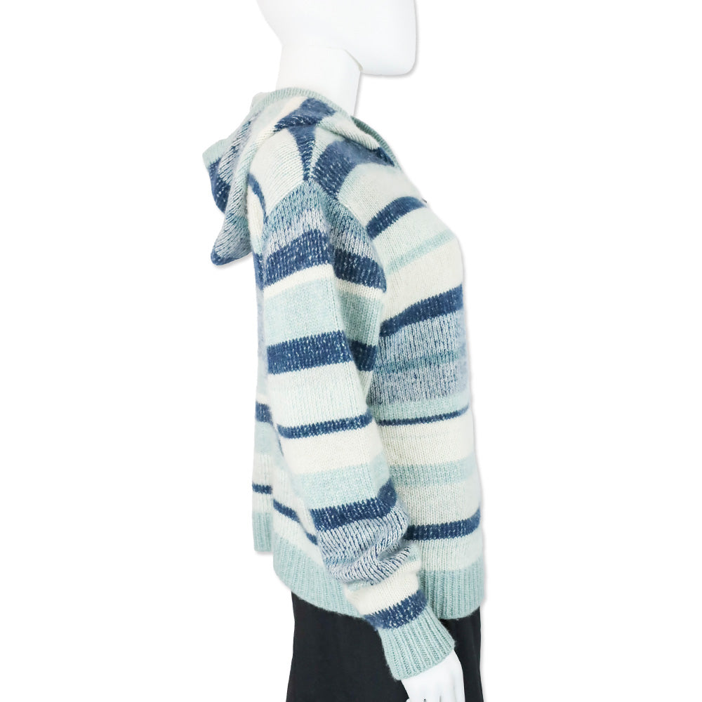 The Elder Statesman Blue Striped Cashmere Knit Hooded Zip-Up Sweater