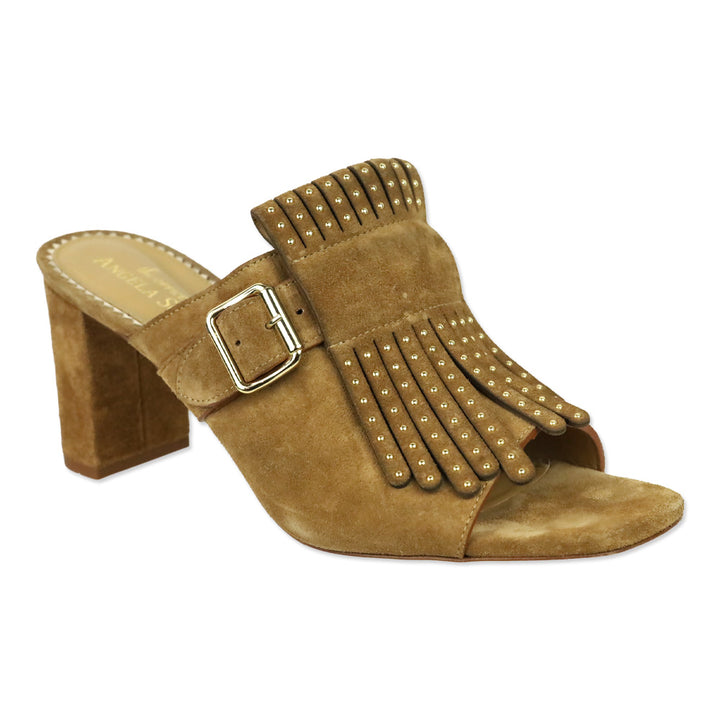 The Office of Angela Scott Ms. Naomi Tan Suede Studded Kiltie Buckle Peep Toe Sandals