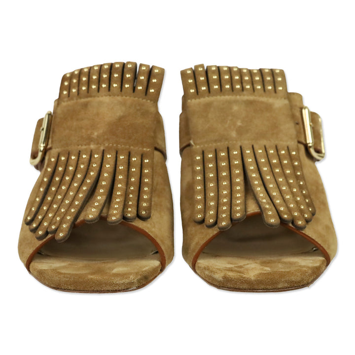 The Office of Angela Scott Ms. Naomi Tan Suede Studded Kiltie Buckle Peep Toe Sandals