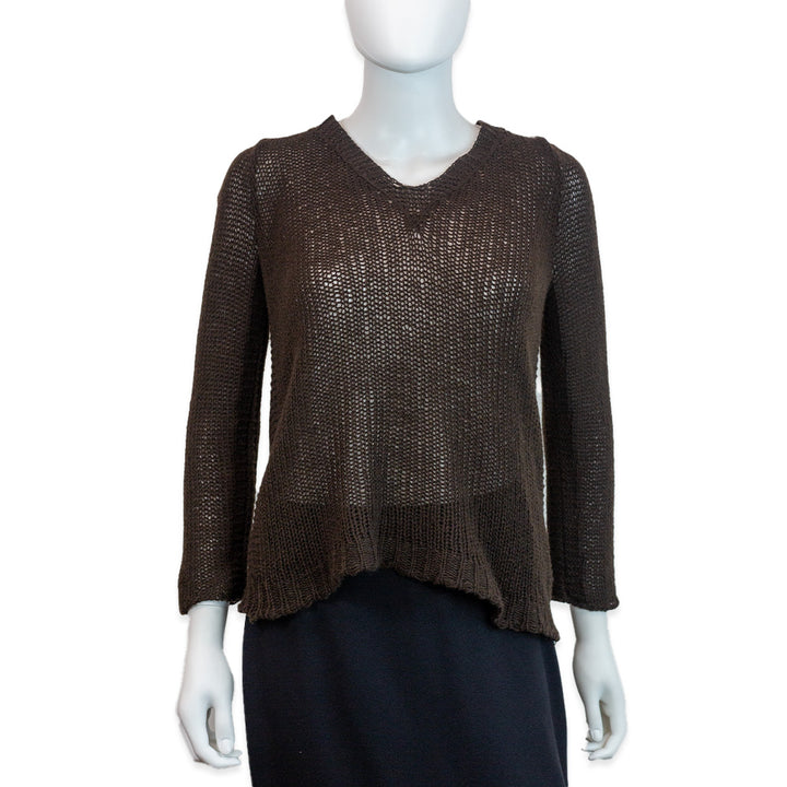 The Row Brown Cashmere Crochet V-Neck Long Sleeve Sweater