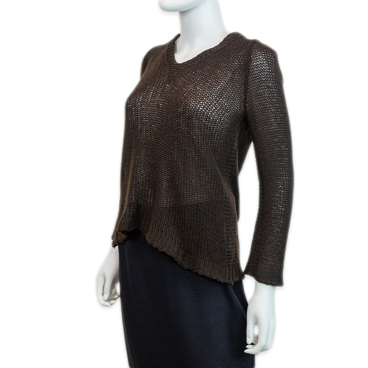 The Row Brown Cashmere Crochet V-Neck Long Sleeve Sweater