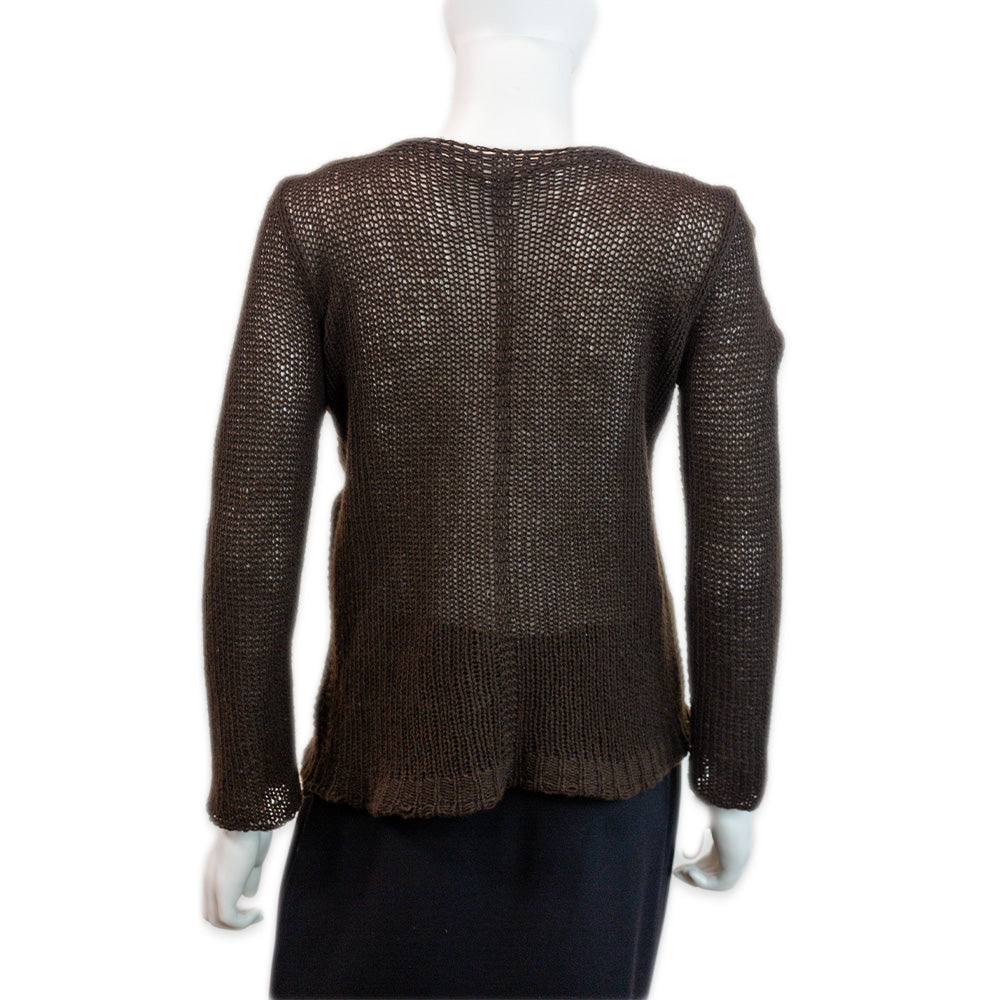 The Row Brown Cashmere Crochet V-Neck Long Sleeve Sweater