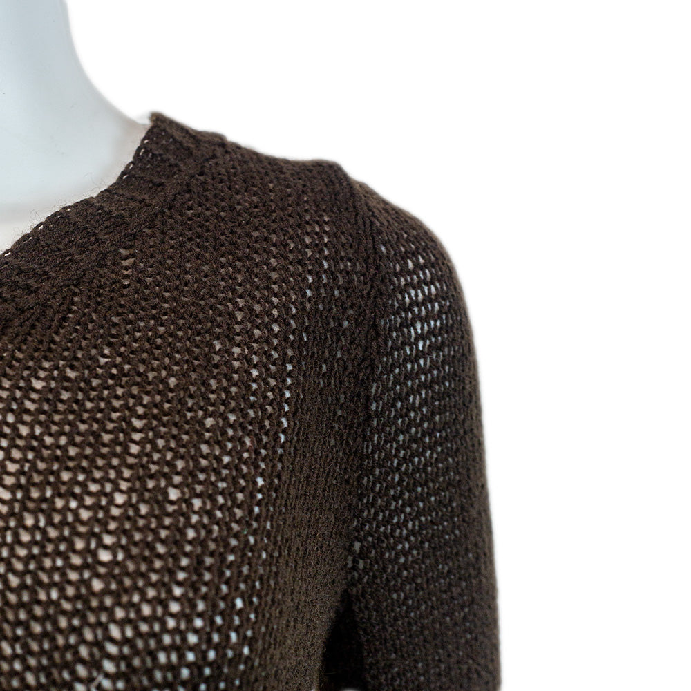 The Row Brown Cashmere Crochet V-Neck Long Sleeve Sweater