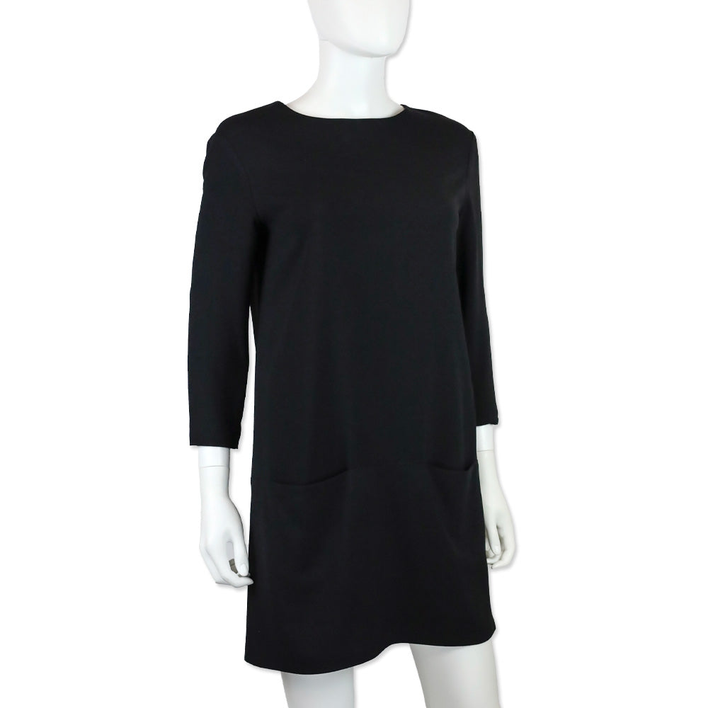 The Row Marina Black Crepe 3/4 Sleeve Pocket Mini Shift Dress