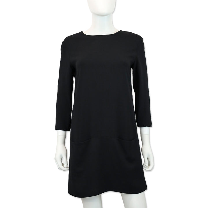 The Row Marina Black Crepe 3/4 Sleeve Pocket Mini Shift Dress