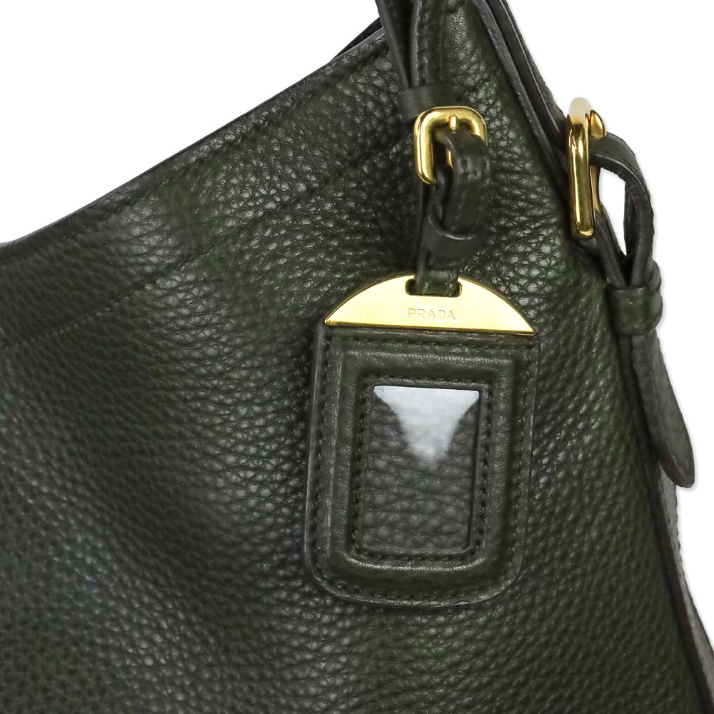 Prada Army Green Grained Leather Vitello Daino Snap Hobo Bag