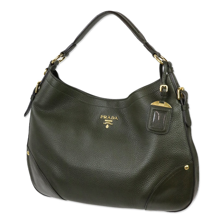 Prada Army Green Grained Leather Vitello Daino Snap Hobo Bag
