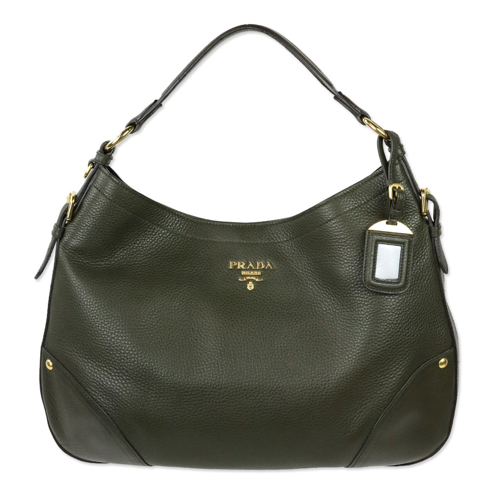 Prada Army Green Grained Leather Vitello Daino Snap Hobo Bag