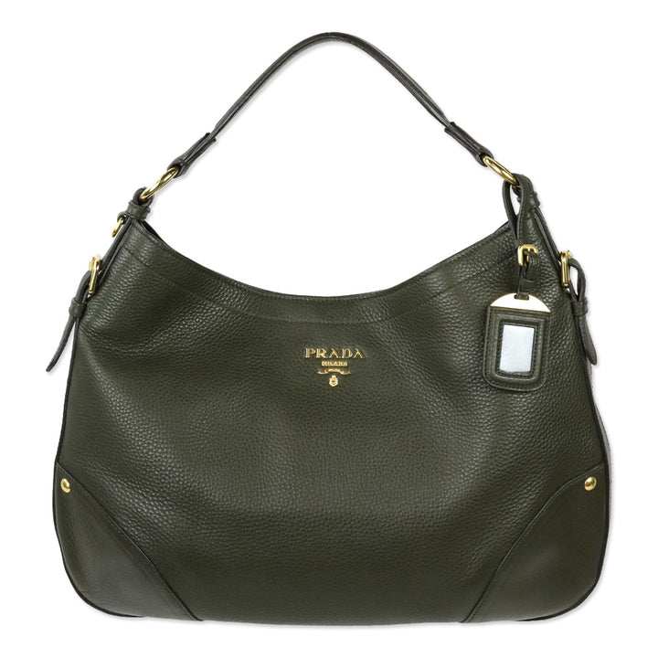 Prada Army Green Grained Leather Vitello Daino Snap Hobo Bag