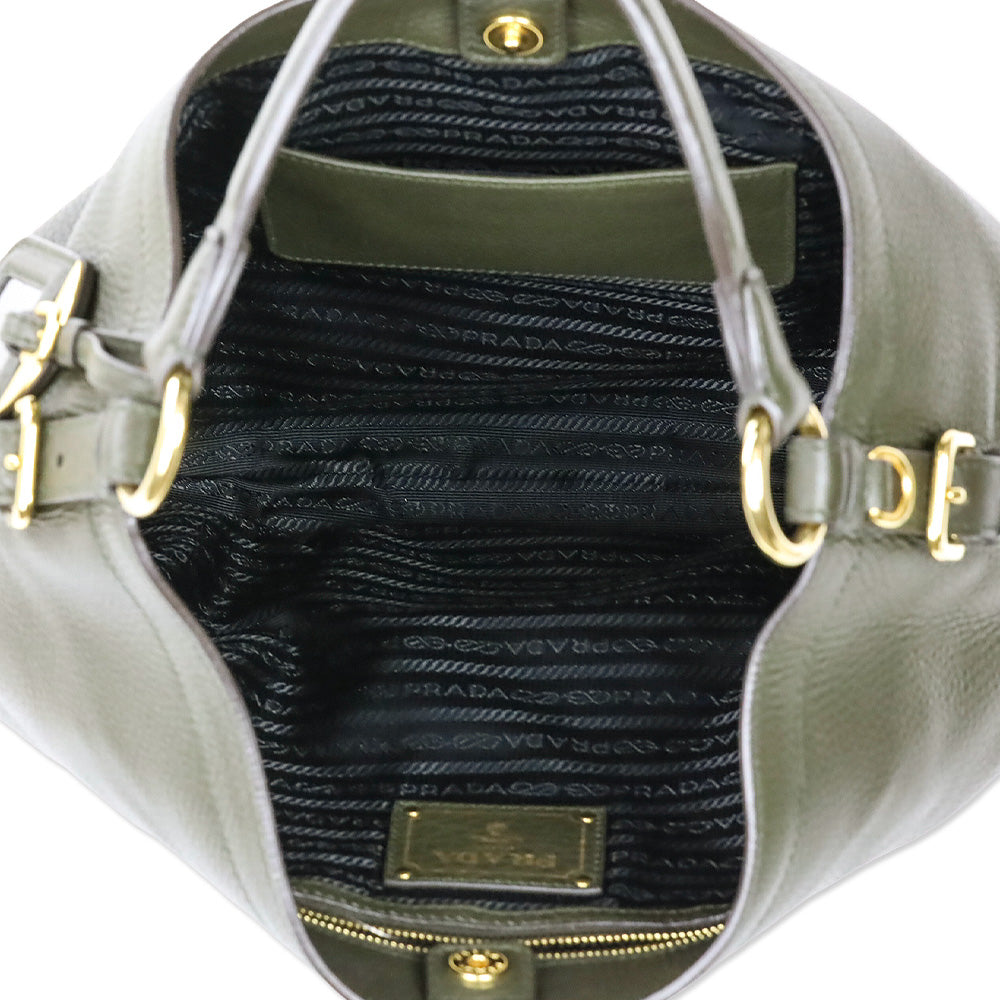 Prada Army Green Grained Leather Vitello Daino Snap Hobo Bag