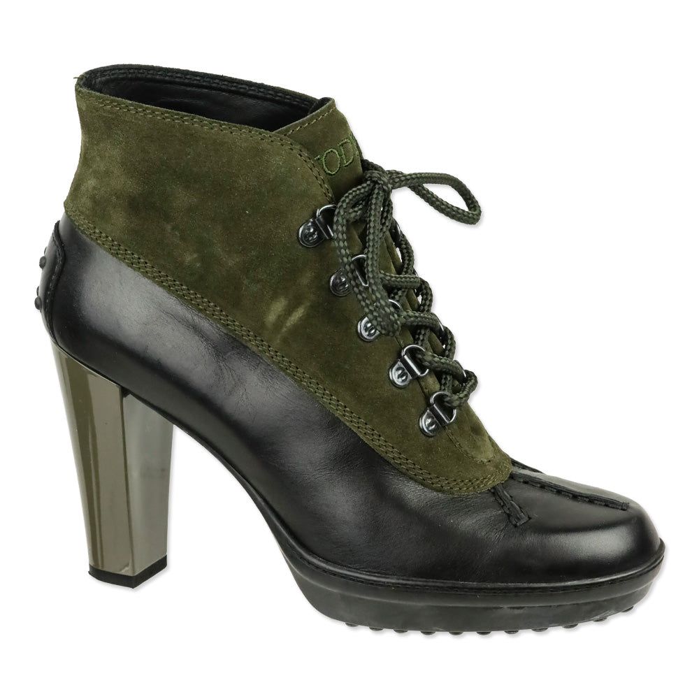 Tod's Army Green Suede Lace-Up Duck Ankle Boots