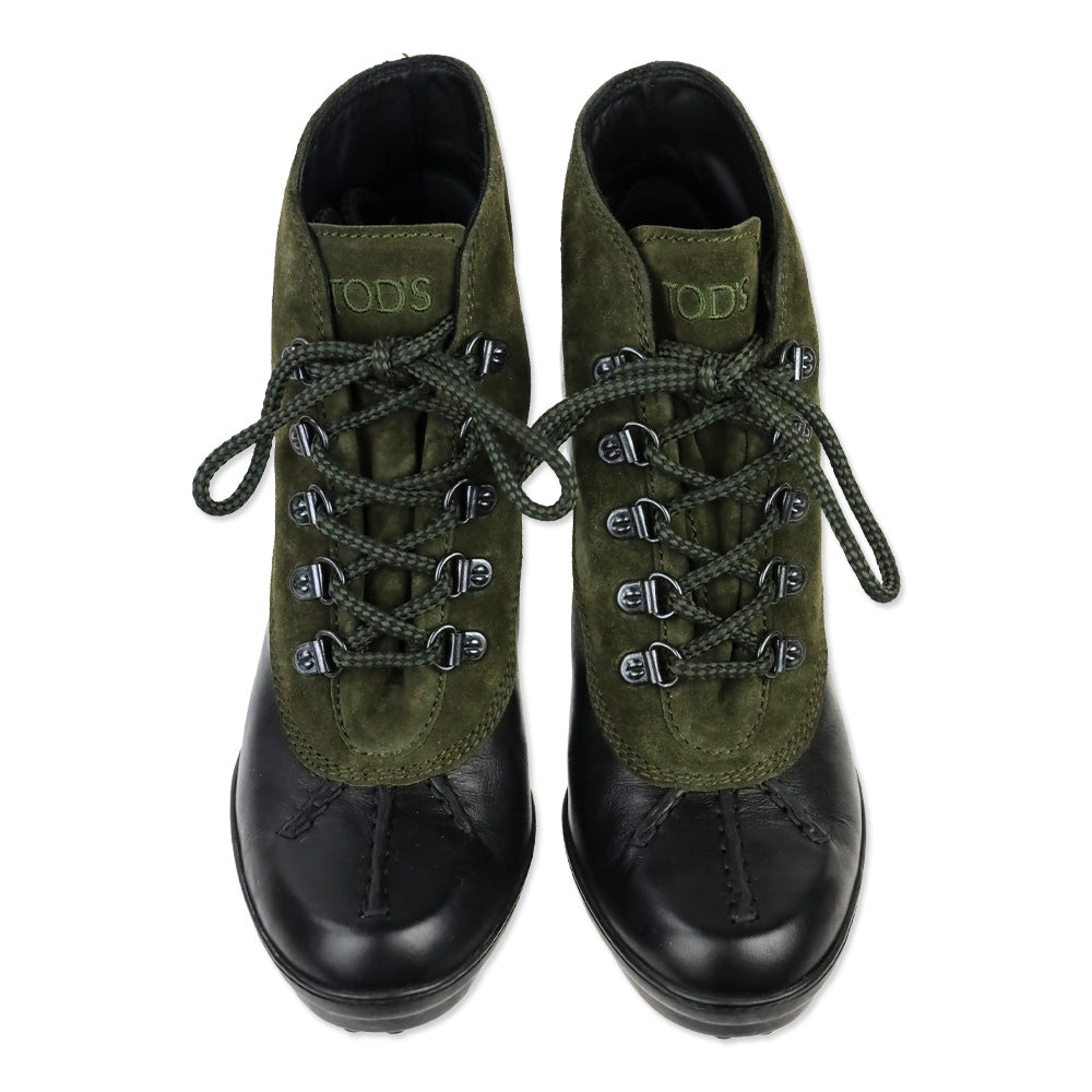 Tod's Army Green Suede Lace-Up Duck Ankle Boots