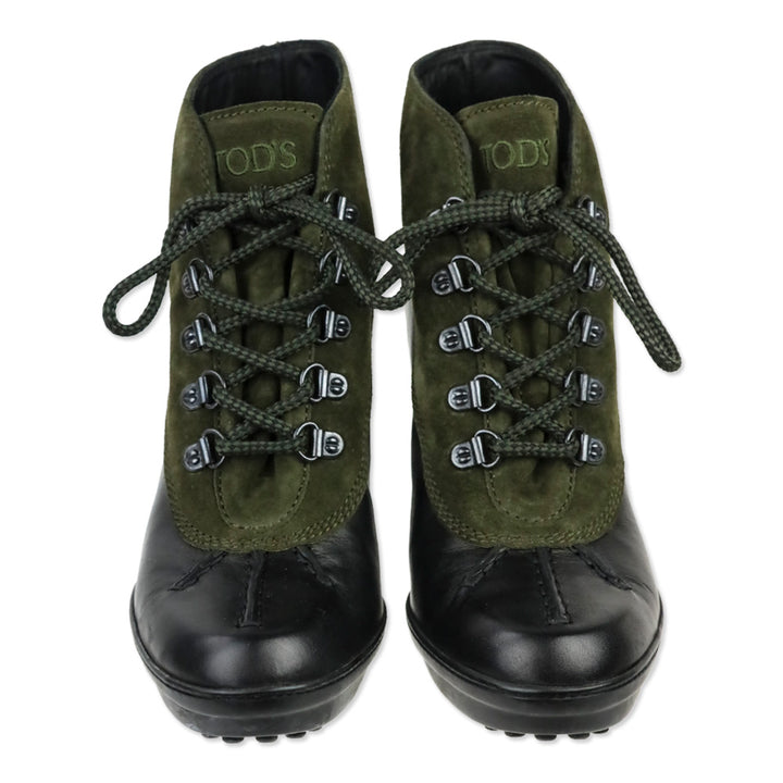 Tod's Army Green Suede Lace-Up Duck Ankle Boots