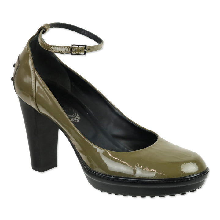 Tod's Aspen Olive Patent Leather Ankle Strap Platform Pumps