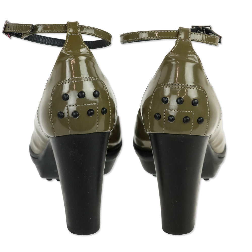 Tod's Aspen Olive Patent Leather Ankle Strap Platform Pumps