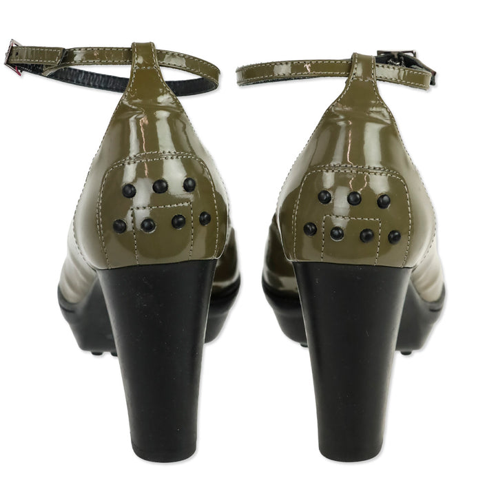 Tod's Aspen Olive Patent Leather Ankle Strap Platform Pumps