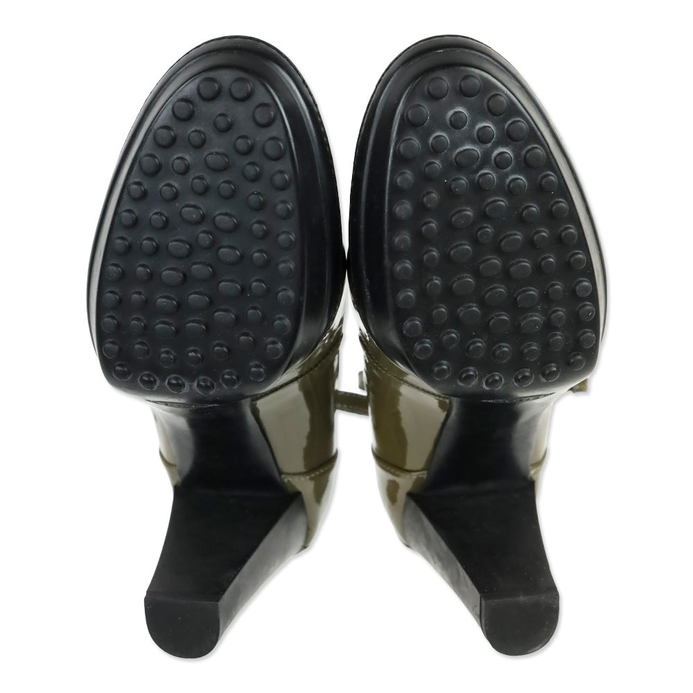 Tod's Aspen Olive Patent Leather Ankle Strap Platform Pumps