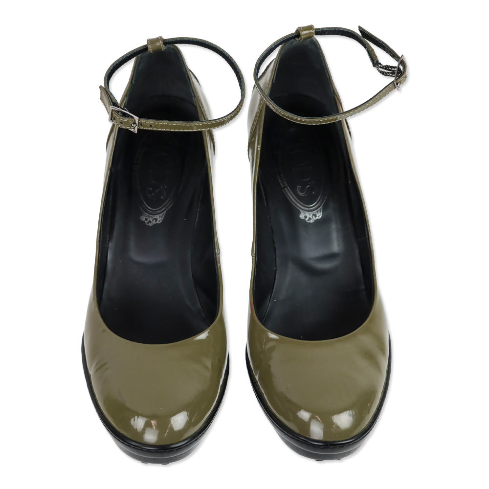 Tod's Aspen Olive Patent Leather Ankle Strap Platform Pumps