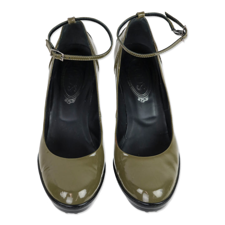 Tod's Aspen Olive Patent Leather Ankle Strap Platform Pumps