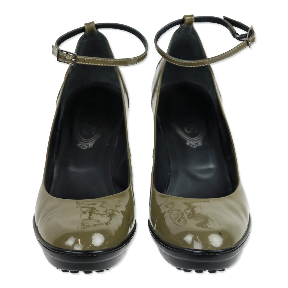 Tod's Aspen Olive Patent Leather Ankle Strap Platform Pumps