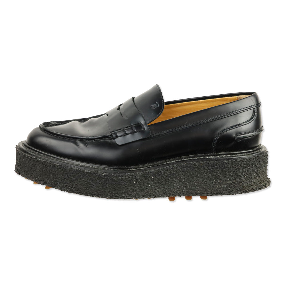 Tod's Black Brushed Leather Platform Driving Penny Loafers