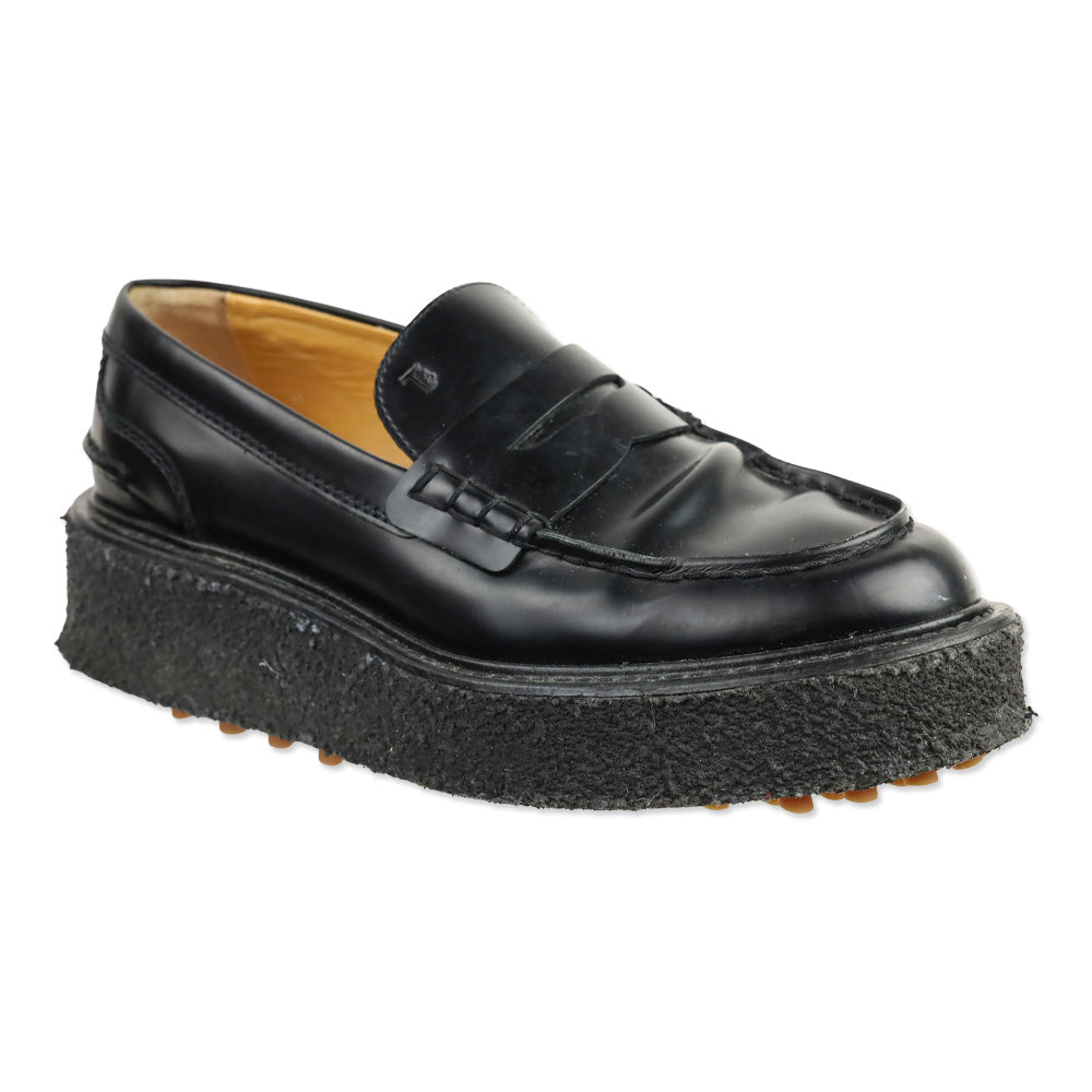 Tod's Black Brushed Leather Platform Driving Penny Loafers