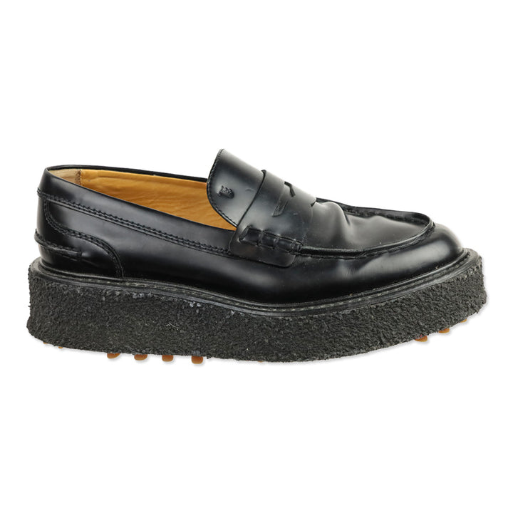 Tod's Black Brushed Leather Platform Driving Penny Loafers