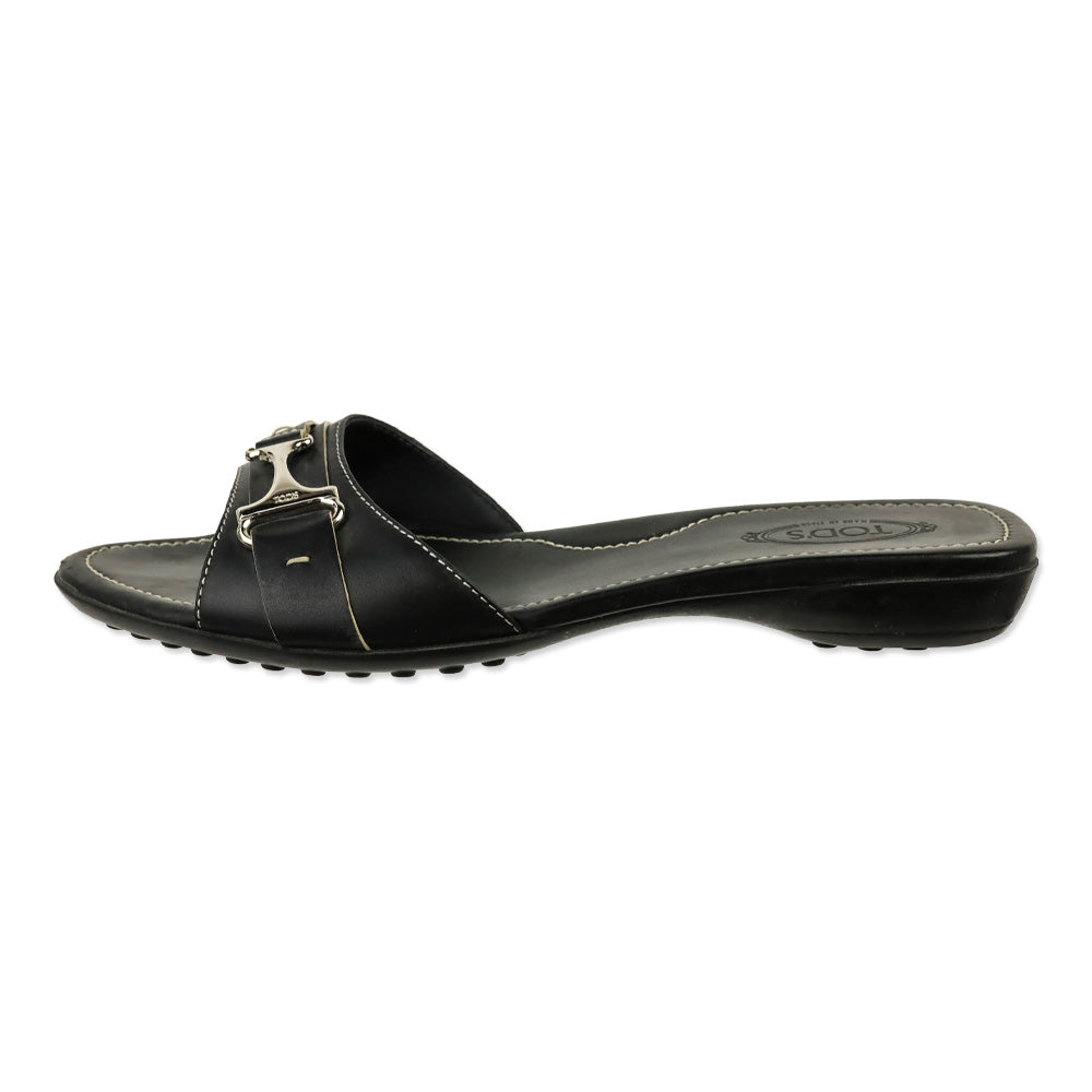 Tod's Black Leather Buckle Driver Slide Sandals