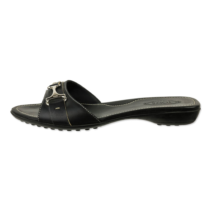 Tod's Black Leather Buckle Driver Slide Sandals