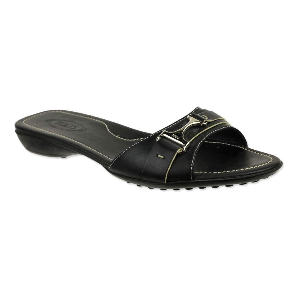 Tod's Black Leather Buckle Driver Slide Sandals